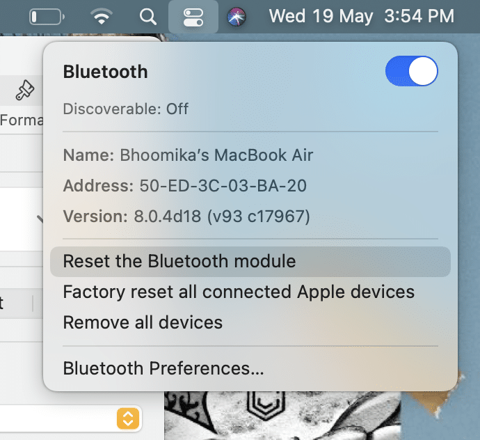 Bluetooth modülünü sıfırla'ya tıklayın. macOS Büyük Sur Sorunları