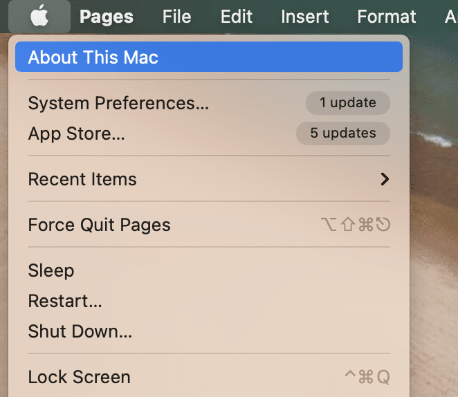 現在表示されているリストから、「このMacについて」を選択します。