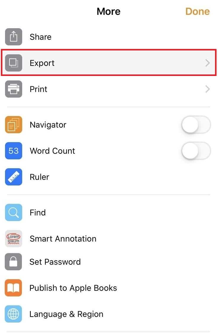 strony iphone więcej eksportuj