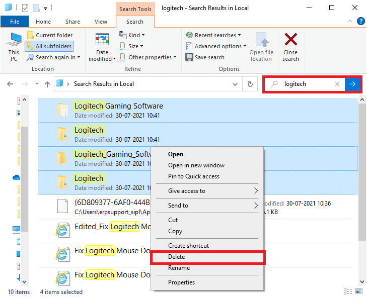 検索メニューを使用して、Logitech GamingSoftwareフォルダーを検索します
