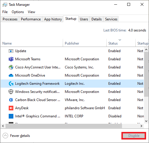 次に、[スタートアップ]タブに切り替えます| LogitechゲーミングソフトウェアがWindowsPCで開かない問題を修正する方法