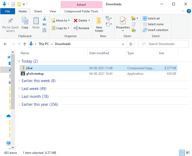 Şimdi İndirilenler klasörüne gidin ve çıkarmak için xlive zip dosyasına çift tıklayın.