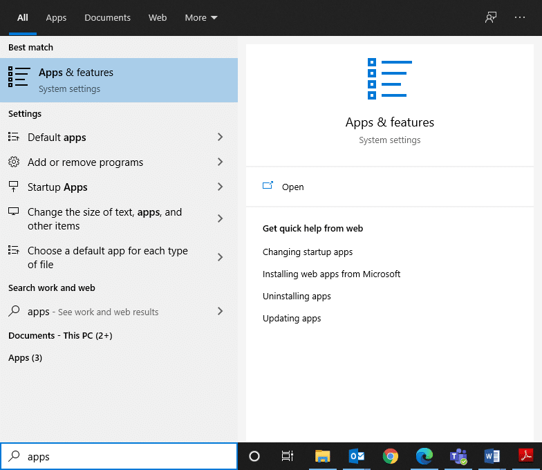 Şimdi, ilk seçeneğe, Uygulamalar ve özellikler'e tıklayın. Düzeltme Fallout 3 Ordinal 43 Bulunamadı