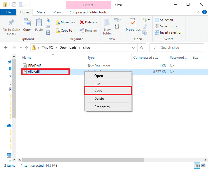 Şimdi xlive.dll dosyasını aşağıdaki resimdeki gibi göreceksiniz. Dosyaya sağ tıklayın ve dosyayı kopyalamak için Kopyala seçeneğini seçin.