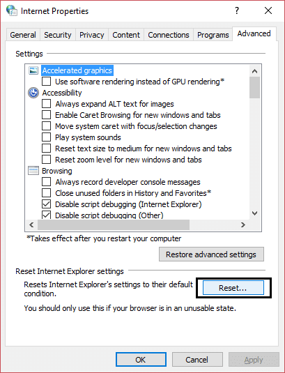 รีเซ็ตการตั้งค่า internet explorer