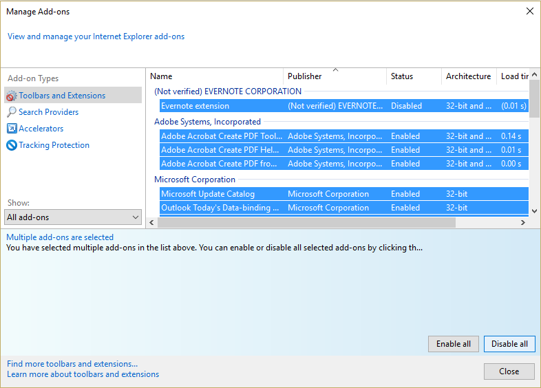ปิดการใช้งานโปรแกรมเสริมของ Internet Explorer ทั้งหมด