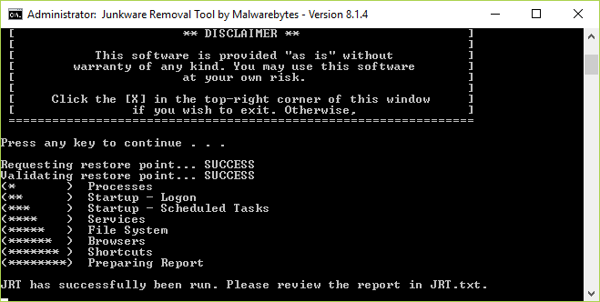 เมื่อการสแกนเสร็จสิ้น Junkware Removal Tool จะแสดงล็อกไฟล์พร้อมไฟล์ที่เป็นอันตราย