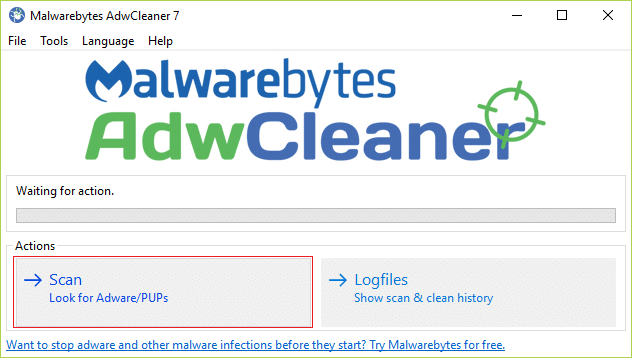 คลิกสแกนภายใต้การดำเนินการใน AdwCleaner 7
