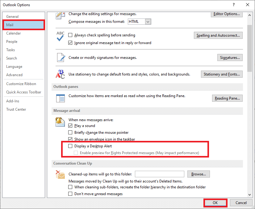 Tutaj przejdź do zakładki Poczta, odznacz pole „Wyświetl alert na pulpicie” i dwukrotnie kliknij OK.
