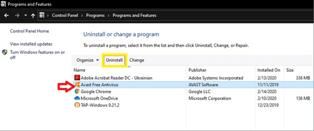 Wybierz Avast Free Antivirus i kliknij Odinstaluj.
