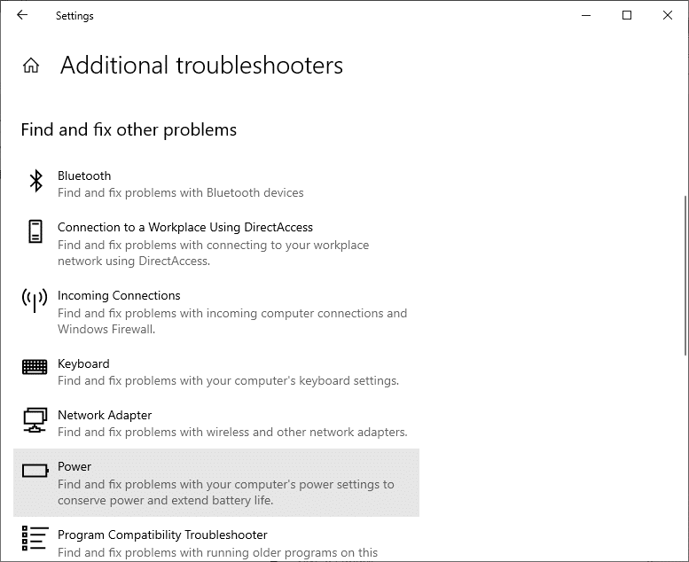 الآن ، حدد Power الذي يتم عرضه ضمن Find ، وقم بإصلاح المشكلات الأخرى.