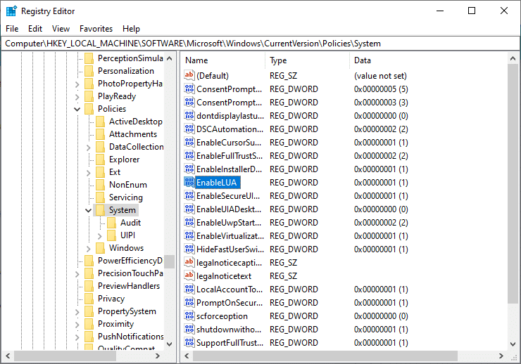 Şimdi EnableLUA'ya çift tıklayın