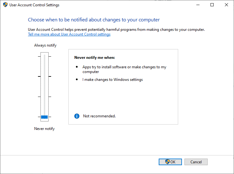 UAC, şu durumlarda bana asla bildirimde bulunma: