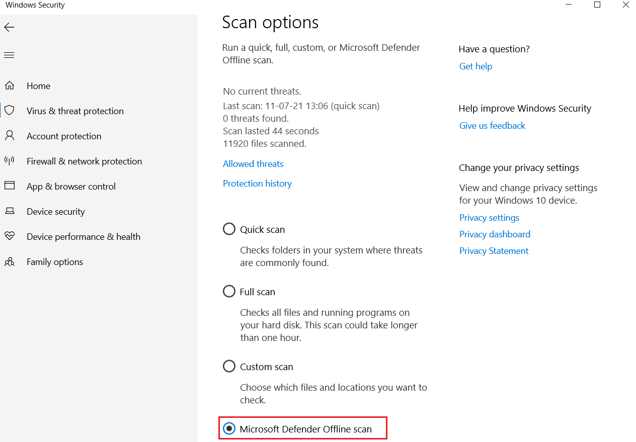 Virüs ve tehdit koruması altında Windows Defender Çevrimdışı Tarama Tarama Seçenekleri Düzeltme Komut İstemi Windows 10'da Görünüyor ve Kayboluyor