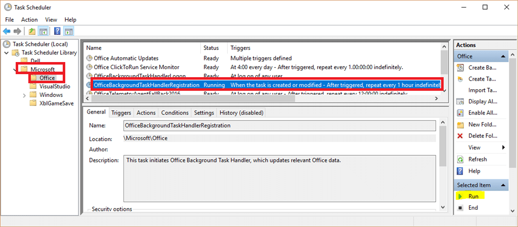 Şimdi orta bölmeye yönlendirin ve OfficeBackgroundTaskHandlerRegistration'ı arayın
