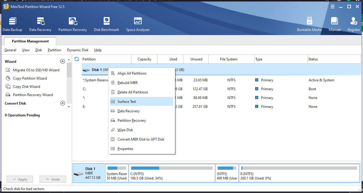 Şimdi, orta bölmedeki Disk'e sağ tıklayın ve Yüzey Testi'ni seçin.