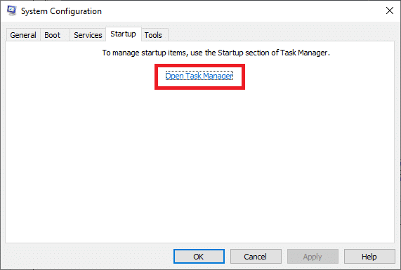 Şimdi, Başlangıç ​​sekmesine geçin ve Görev Yöneticisini Aç'a tıklayın.
