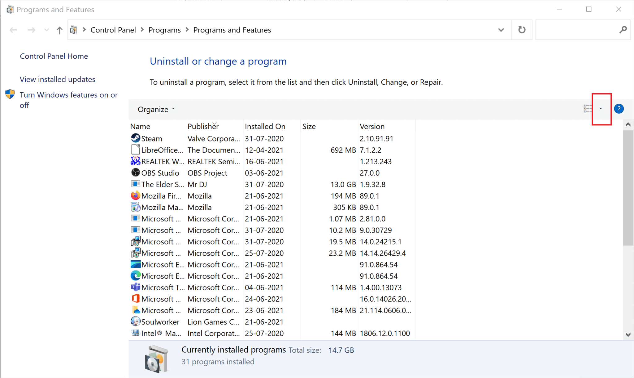 Görünümünüzü değiştirin simgesinin yanındaki aşağı oka tıklayın