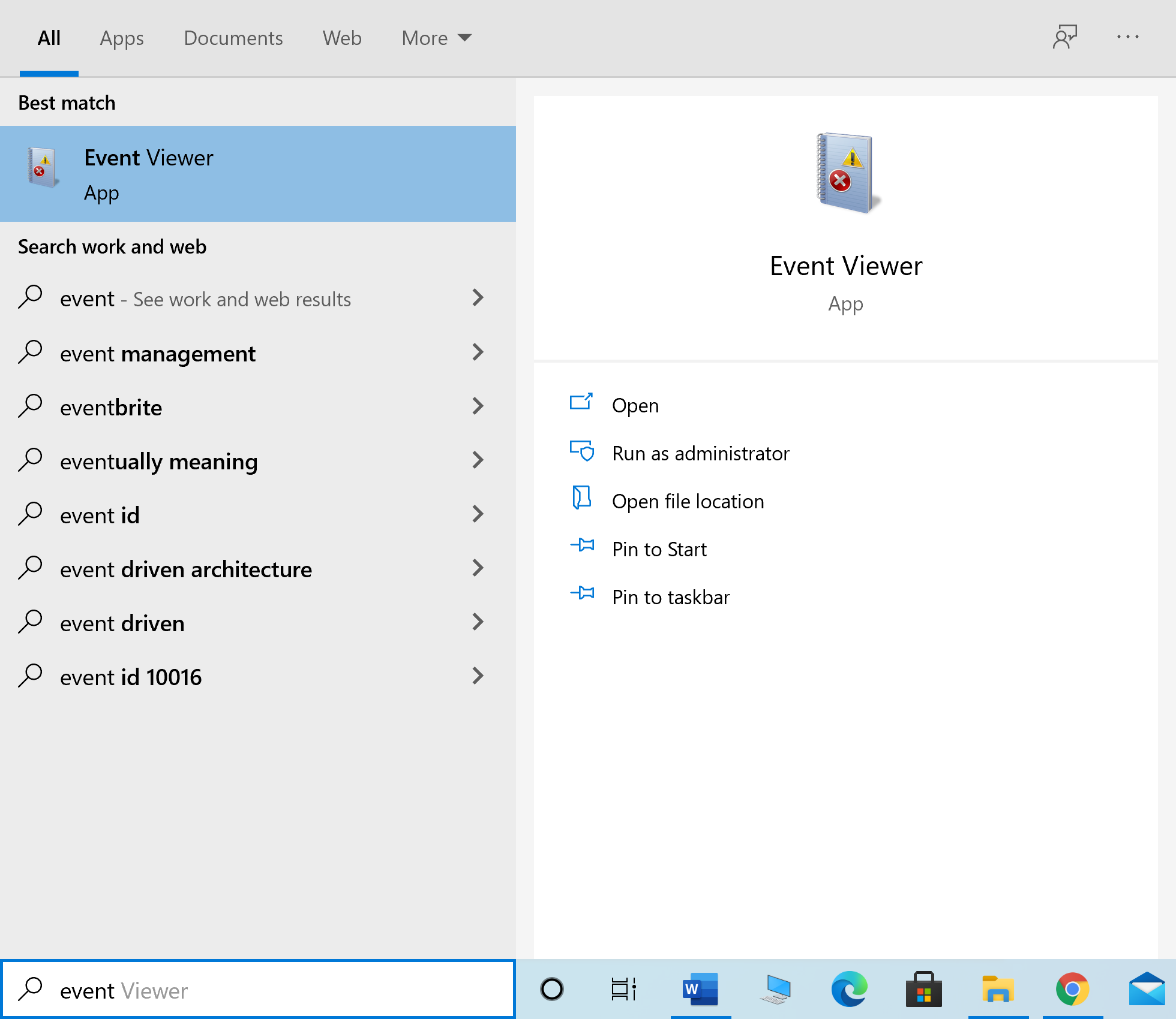 Windows aramasına Olay Görüntüleyici yazın ve oradan başlatın | Destiny 2 Hata Kodu Brokoli Fix