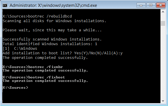 bootrec rebuildbcd fixmbr fixboot