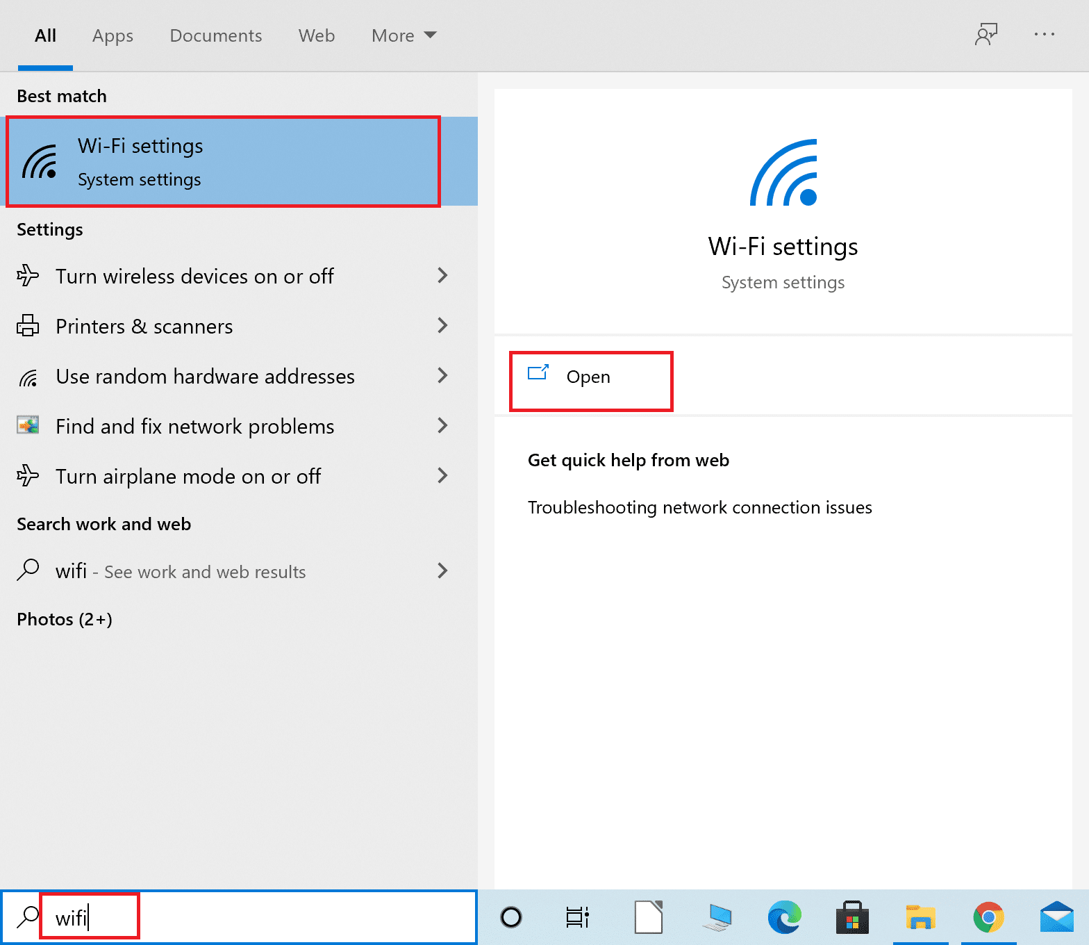 Wpisz Wi-Fi w pasku wyszukiwania systemu Windows. Uruchom ustawienia Wi-Fi