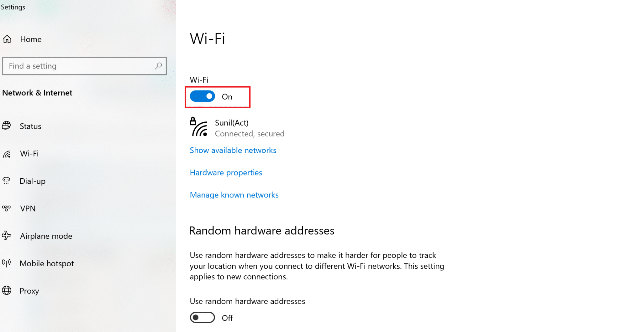 W prawym okienku okna ustawień upewnij się, że jest włączony w obszarze Wi-Fi | Napraw Miracast nie działa w systemie Windows 10