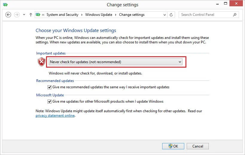 Güncellemeleri Asla Kontrol Etme'yi seçin (önerilmez)