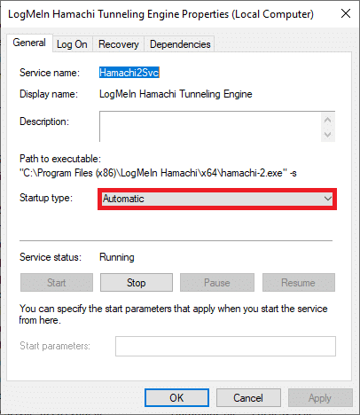 次に、スタートアップの種類を自動|に設定します。 Windows10でHamachiトンネルの問題を修正する方法
