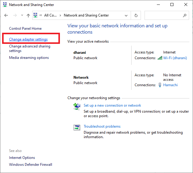 ここで、[アダプタ設定の変更]をクリックします