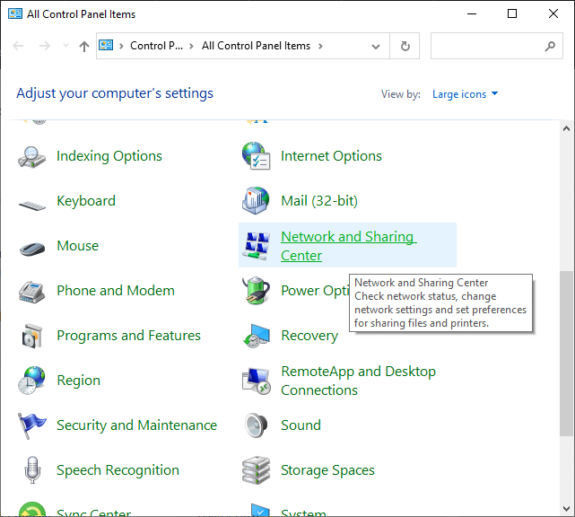 次に、[ネットワークと共有センター]に移動し、クリックして開きます。