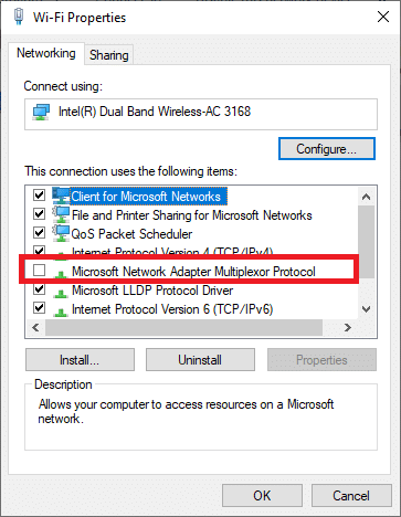 ここで、Microsoftネットワークアダプタマルチプレクサプロトコルがオフになっていることを確認します。 Windows10でHamachiトンネルの問題を修正する方法