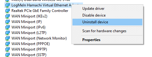 次に、[デバイスのアンインストール]をクリックします。ハマチトンネルの問題を修正する方法Windows10