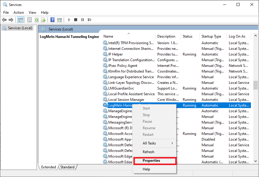 次に、LogMeInHamachiトンネリングエンジンのプロパティをクリックします。Windows10でHamachiトンネルの問題を修正する方法