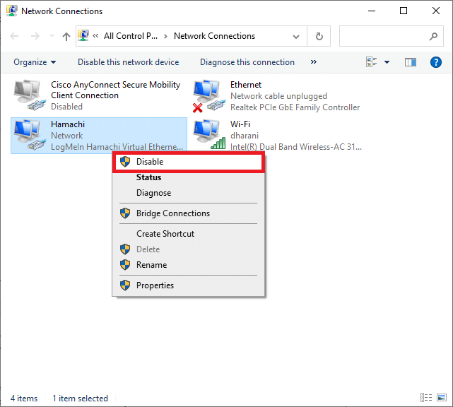 次に、Hamachiネットワークを右クリックし、[無効にする]をクリックします。 Windows10でHamachiトンネルの問題を修正する方法