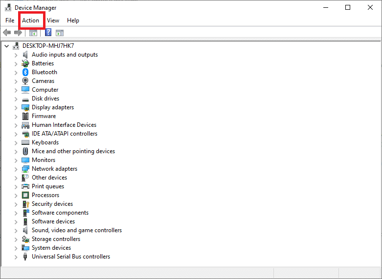 デバイスマネージャを再度開き、[アクション]セクションをクリックします。
