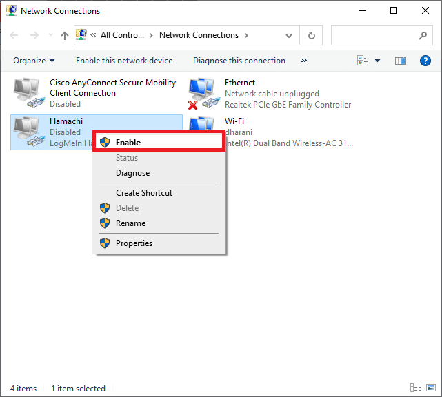 しばらく待ってから、Hamachi Networkをもう一度右クリックして、[有効にする]オプションを選択します。ハマチトンネルの問題を修正する方法Windows10
