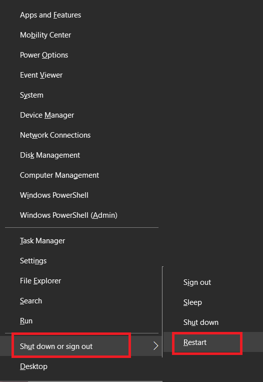 WindowsおよびXキー。次に、シャットダウンするか、サインアウトします。 [再起動]をクリックします