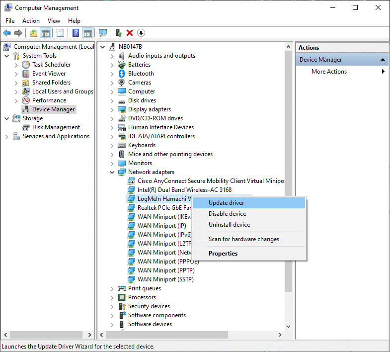 次に、LogMeIn Hamachi仮想イーサネットアダプタを右クリックし、[ドライバの更新]をクリックします。 Windows10でHamachiトンネルの問題を修正する方法
