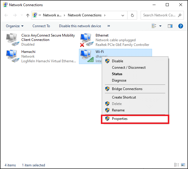 次に、ネットワーク接続を右クリックして、[プロパティ]をクリックします