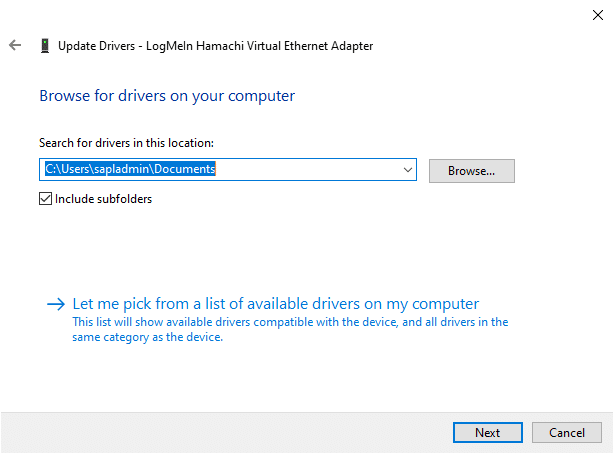 次に、[ブラウザ]ボタンをクリックして、Hamachiインストールディレクトリを選択します。選択したら、[次へ]ボタンをクリックします。