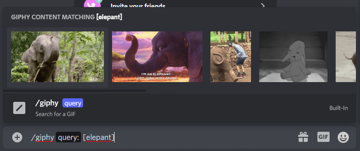 /giphy [elefante] muestra gifs de elefantes | Lista de comandos de chat de Discord