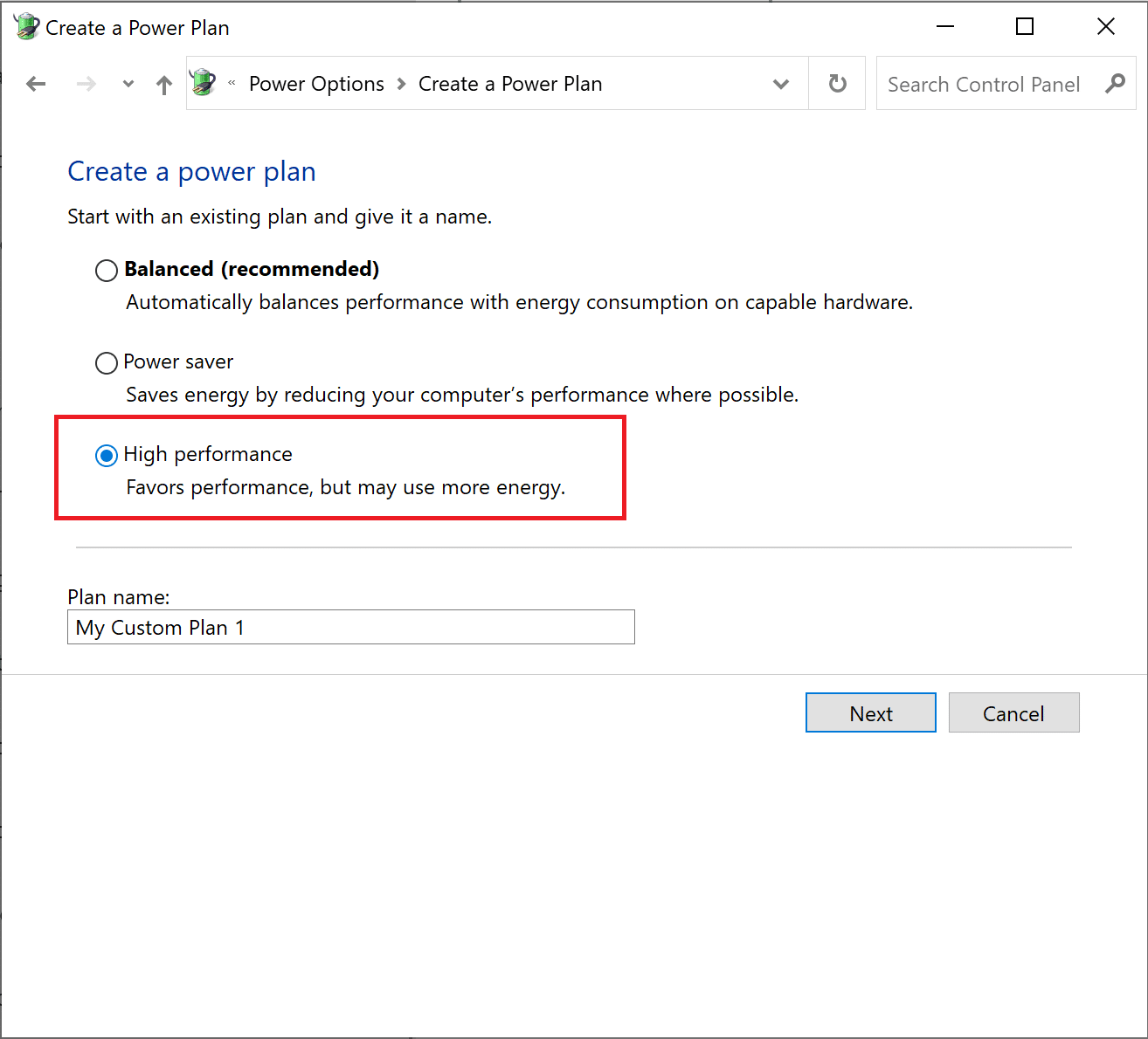 Yüksek performans'ı seçin ve değişiklikleri kaydetmek için İleri'ye tıklayın.