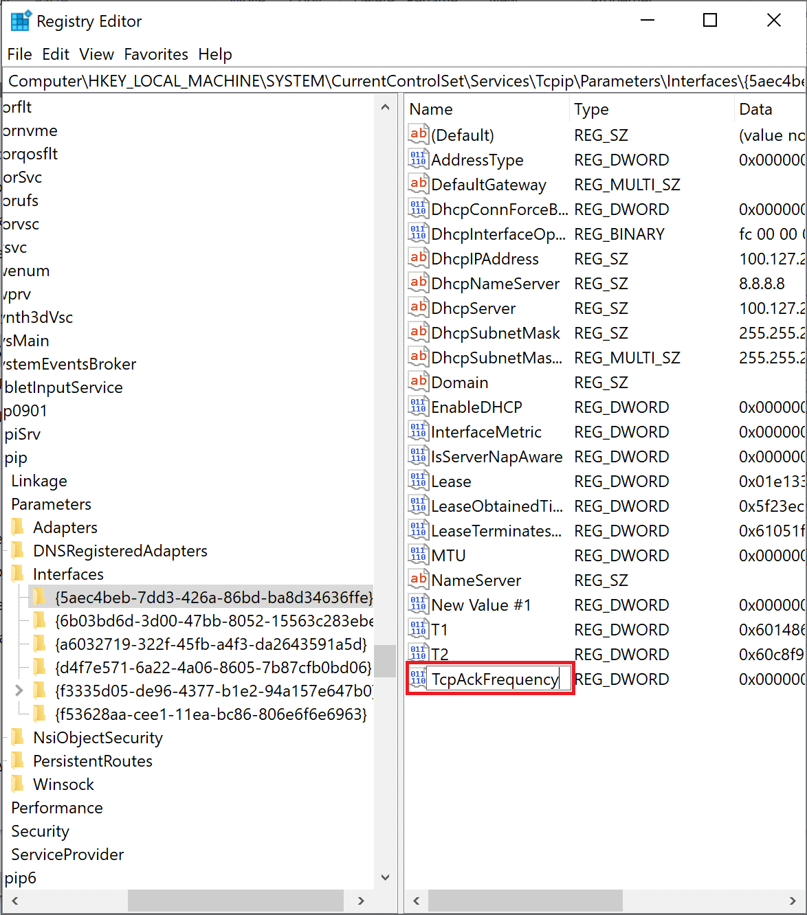 Yeni anahtarı TcpAckFrequency olarak adlandırın
