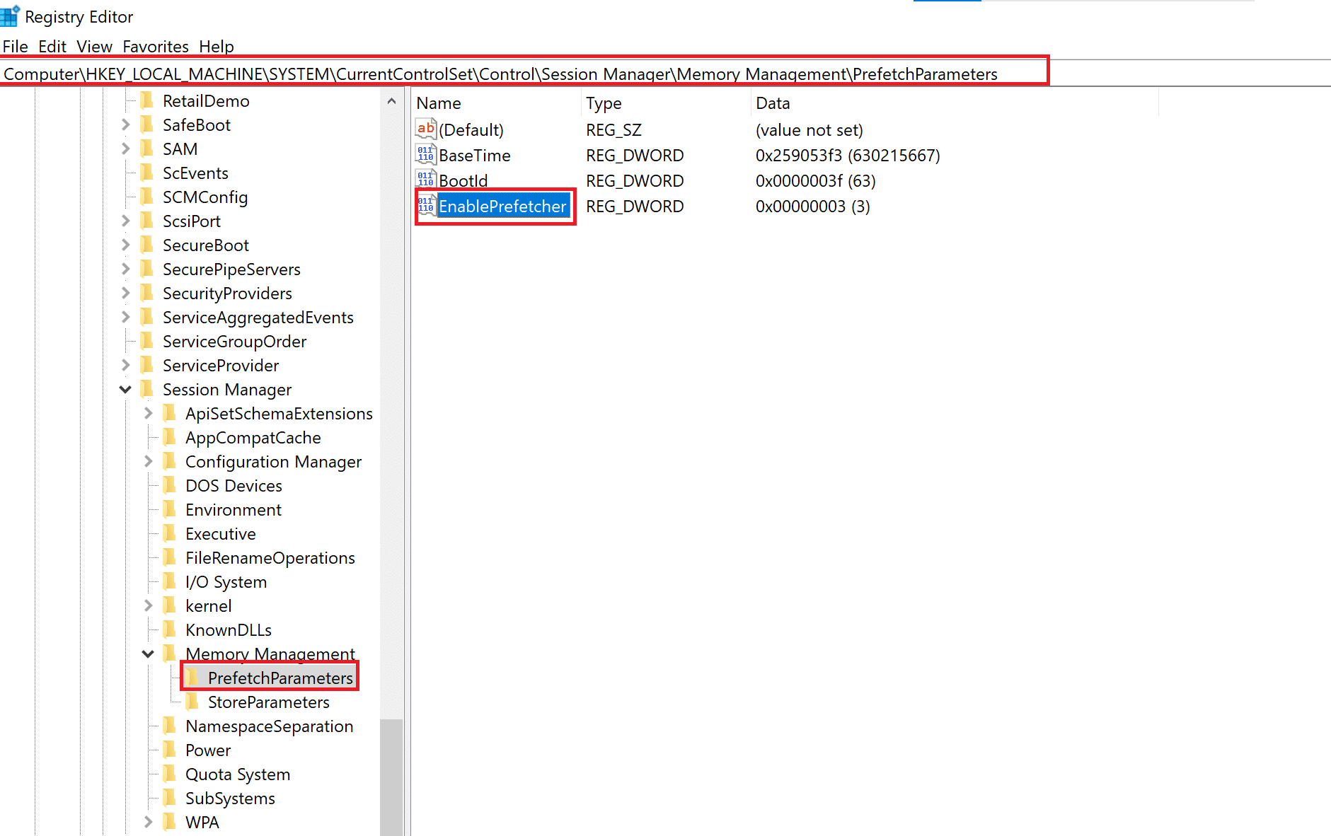 Sağ bölmeden EnablePrefetcher'a çift tıklayın