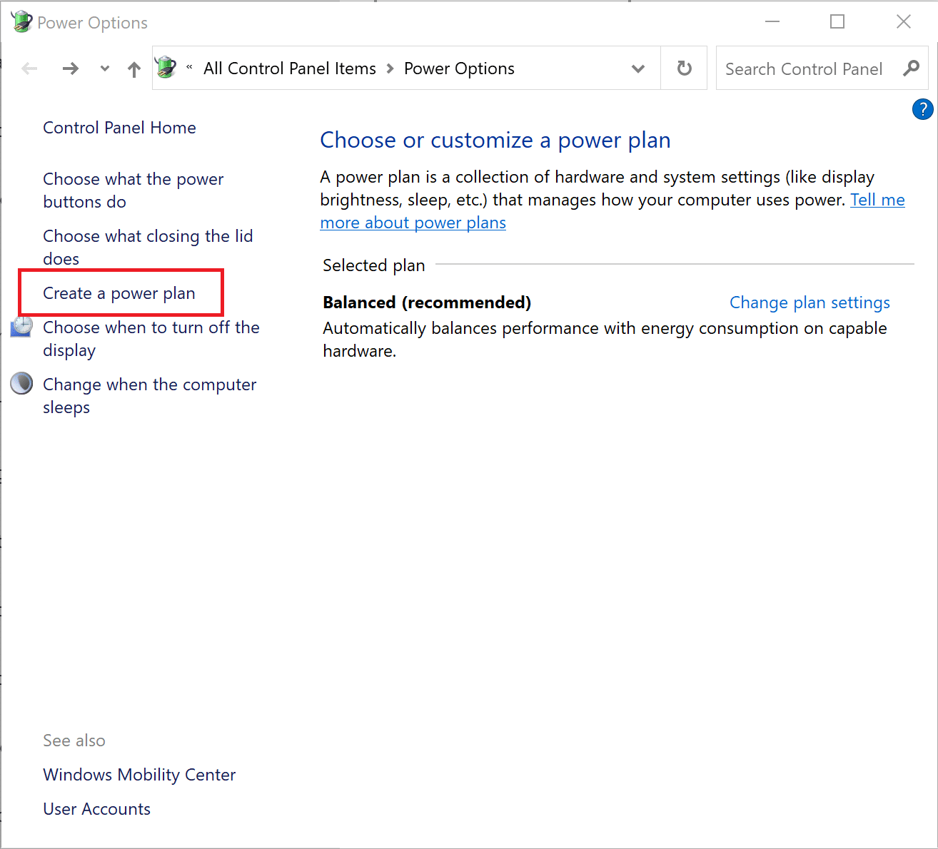 Sol bölmeden Bir güç planı oluştur'a tıklayın