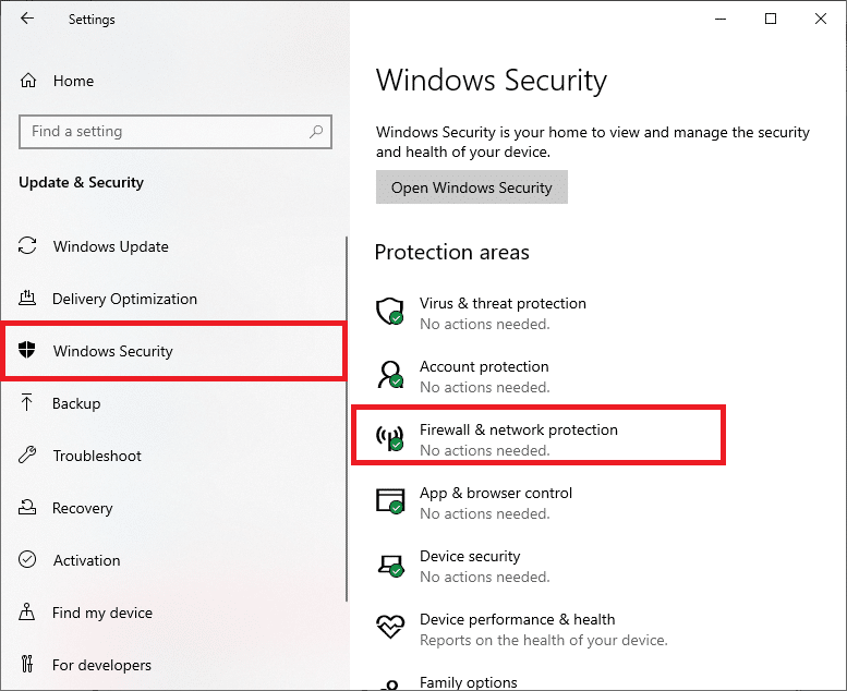 حدد خيار أمان Windows من الجزء الأيمن وانقر فوق جدار الحماية وحماية الشبكة