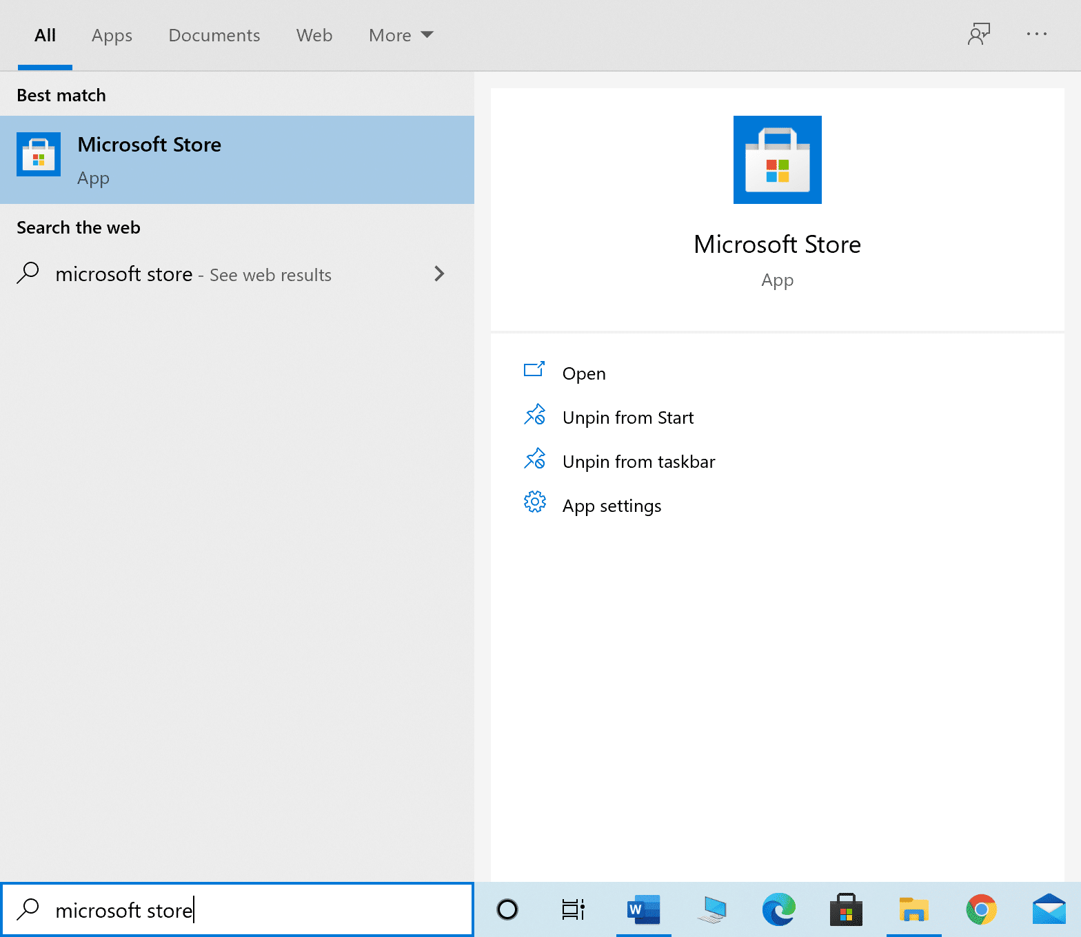 Luncurkan Microsoft Store dari pencarian windows