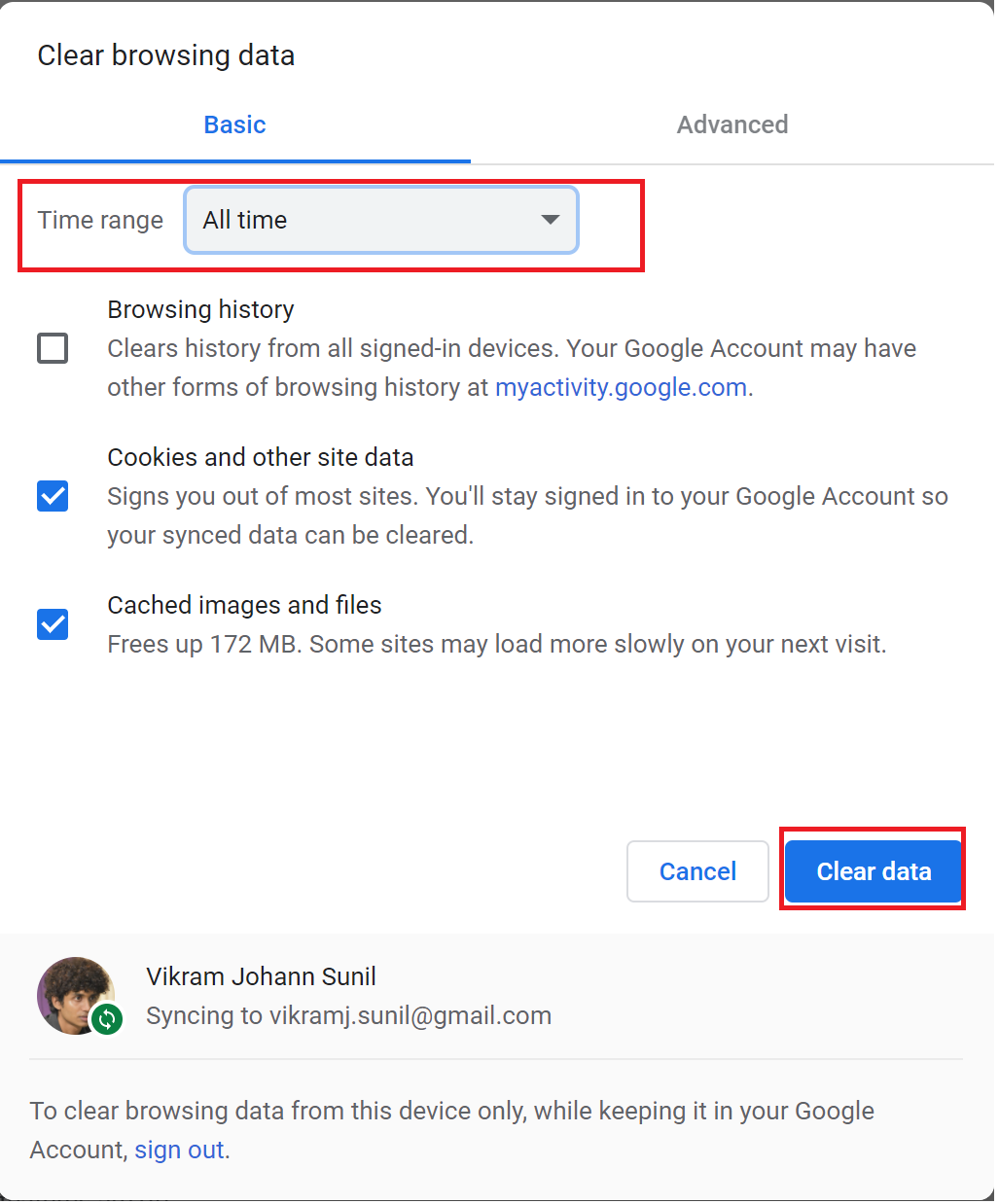 Pilih Semua waktu di kotak drop-down rentang waktu dan kemudian, pilih Hapus data