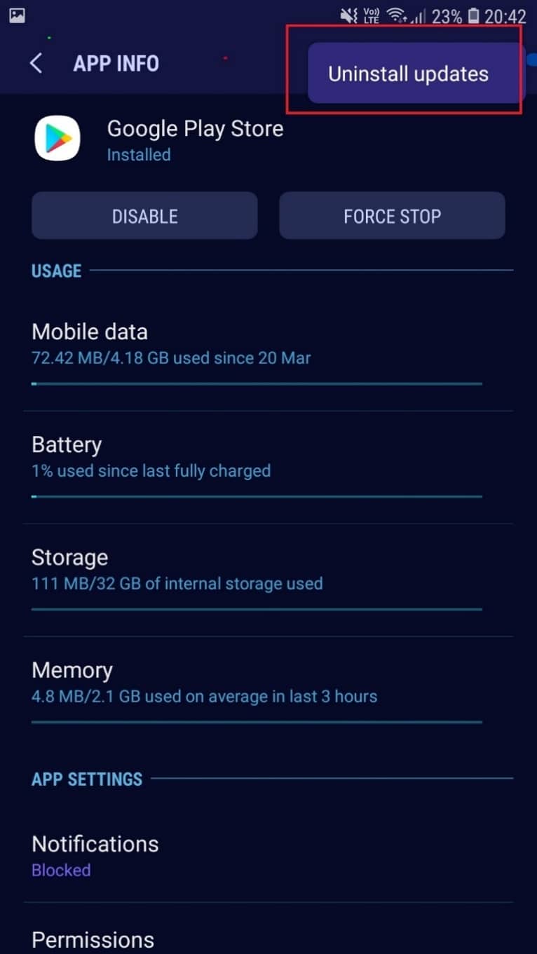 اختر إلغاء تثبيت التحديثات | إصلاح خطأ Play Store DF-DFERH-01