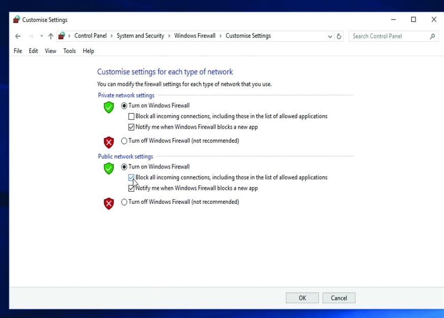 Genel ağ ayarları altında, İzin verilen programlar listesindekiler de dahil olmak üzere tüm gelen bağlantıları engelle'yi ve ardından Tamam'ı işaretleyin.